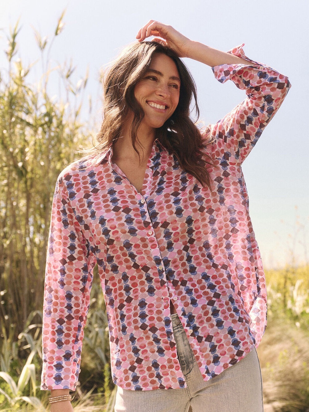 NIC+ZOE Geo Dot Long Sleeve Button Down Boyfriend Shirt Pink Blue sz Medium